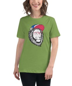 Women's cut t-shirt with a picture of a lion dressed as a hipster.