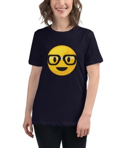 Women's cut t-shirt with a picture of a smiley face wearing thick glasses.