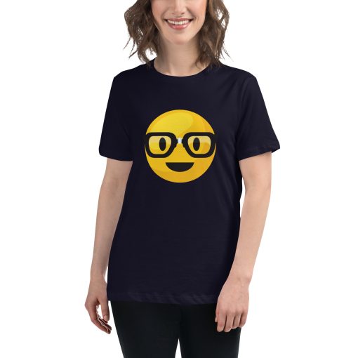 Women's cut t-shirt with a picture of a smiley face wearing thick glasses.