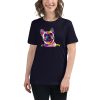 Women's cut t-shirt with a picture of a multicoloured pug on it.