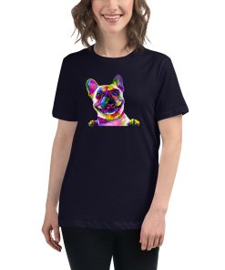 Women's cut t-shirt with a picture of a multicoloured pug on it.