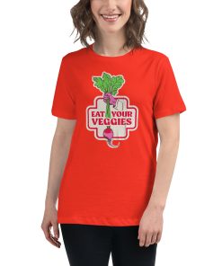 Women's t-shirt that says "eat your veggies" with a picture of a hand holding a vegetable.