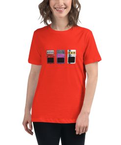 Women's t-shirt with a picture of three guitar pedals on it.