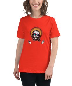 Women's cut t-shirt with a picture of Jesus wearing sunglasses on it.