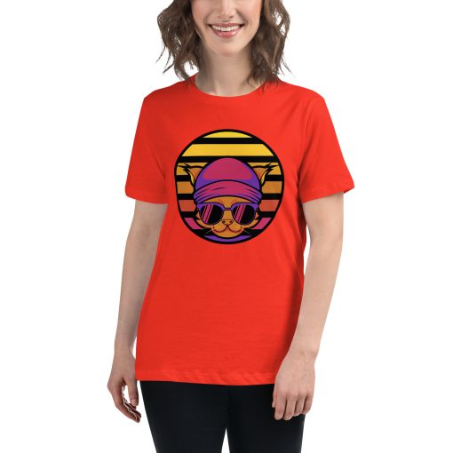 Women's t-shirt with a picture of a cat wearing sunglasses and a beanie.