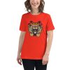 Women's cut t-shirt with a picture of a tiger holding two skateboards.