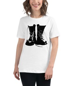 Women's t-shirt with a picture of old military style boots on it.