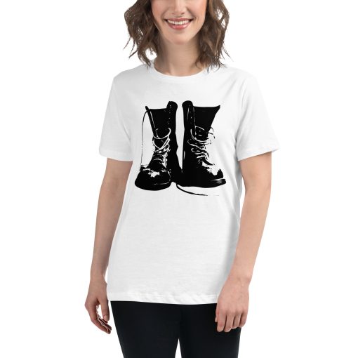 Women's t-shirt with a picture of old military style boots on it.