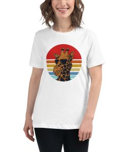 Women's t-shirt with a picture of a giraffe wearing sunglasses.