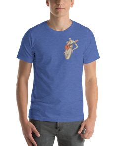 Unisex t-shirt with a picture of a mannequin wearing a guitar.