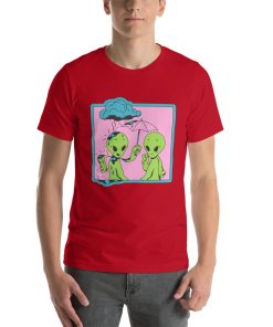 Unisex t-shirt with a picture of two aliens in the rain, one is holding an umbrella.