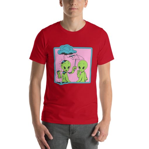 Unisex t-shirt with a picture of two aliens in the rain, one is holding an umbrella.