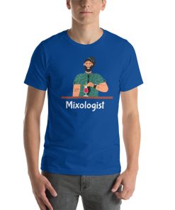 Unisex t-shirt with the picture of a hipster bartender making a cocktail. Underneath it says "Mixologist"