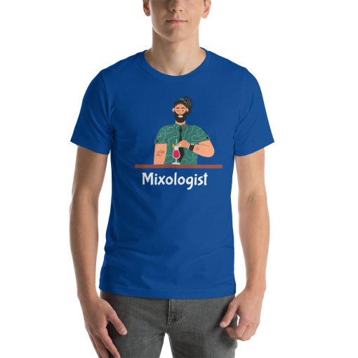 Unisex t-shirt with the picture of a hipster bartender making a cocktail. Underneath it says "Mixologist"