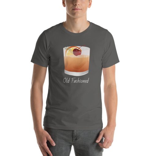 Unisex t-shirt with a picture of an old fashioned cocktail on it.