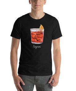 Unisex t-shirt with a picture of a negroni on it.