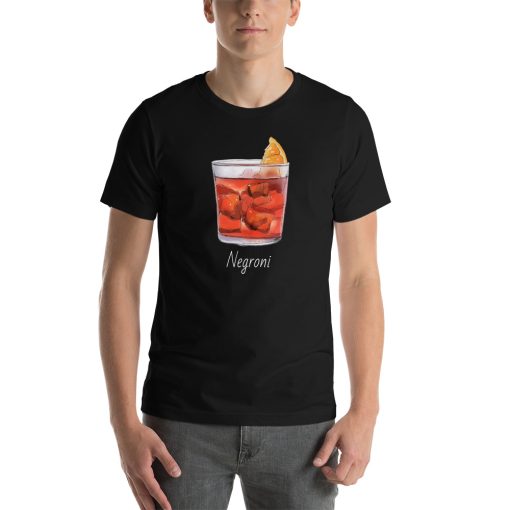 Unisex t-shirt with a picture of a negroni on it.