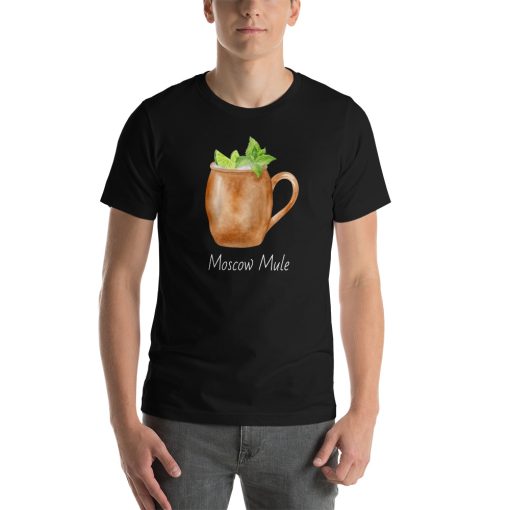 Unisex t-shirt with a picture of a Moscow mule cocktail on it.