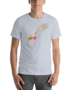 Unisex t-shirt with a picture of three cocktails being poured from a shaker.