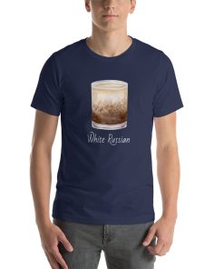 Unisex t-shirt with a picture of a white Russian cocktail on it.