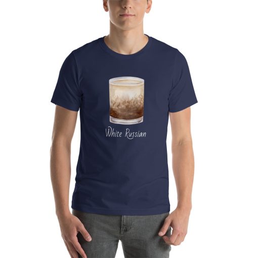 Unisex t-shirt with a picture of a white Russian cocktail on it.