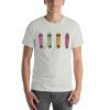 Unisex t-shirt with a picture of four old fashioned t-shirts on it.