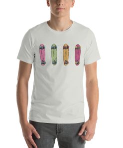 Unisex t-shirt with a picture of four old fashioned t-shirts on it.