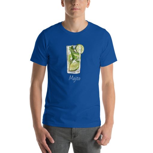 Unisex t-shirt with a picture of a mojito on it.