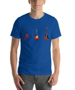 Unisex t-shirt with a picture of three electric guitars on it.