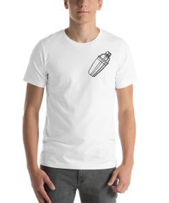 Unisex t-shirt with a picture of a cobbler style cocktail shaker on it.