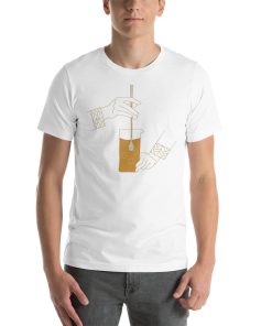 Unisex t-shirt with a picture of a cocktail being stirred on it.