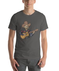 Unisex t-shirt with a picture of a skeleton cowboy playing a guitar.