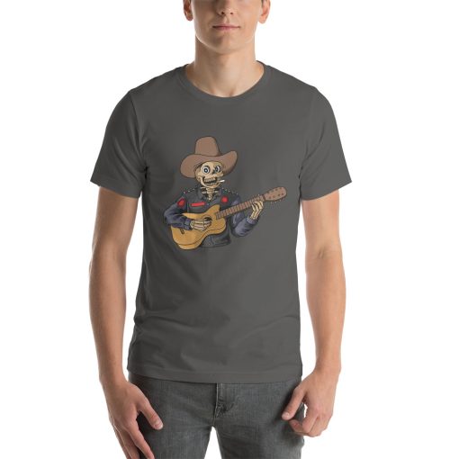 Unisex t-shirt with a picture of a skeleton cowboy playing a guitar.