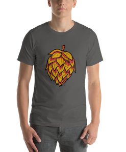 Unisex t-shirt with a picture of hop flowers that are brown.