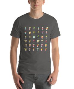 Unisex t-shirt with pictures of different types of cocktails on it.