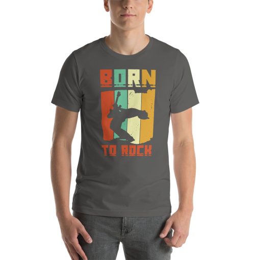 Unisex t-shirt that says "born to rock" on it in stylised writing. The t-shirt also has a silhouette of someone playing guitar on it.