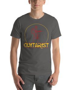 Unisex t-shirt with a picture of a person playing guitar. Underneath it says 