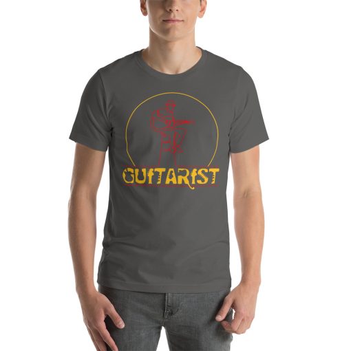 Unisex t-shirt with a picture of a person playing guitar. Underneath it says "guitarist".