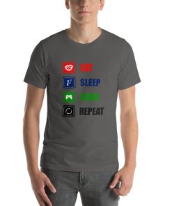 Unisex t-shirt that says "eat, sleep, game, repeat" on it.