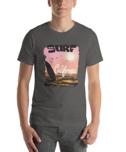 Unisex t-shirt that says "surf California" on it with a picture of a beach at sunset.