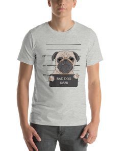 Unisex t-shirt with a picture of a dog getting a mugshot printed on it.