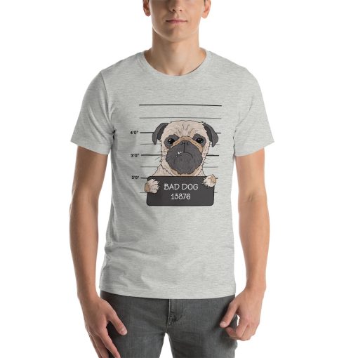 Unisex t-shirt with a picture of a dog getting a mugshot printed on it.