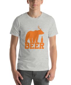 Unisex t-shirt that says "beer" on it. There's also a picture of a bear with antlers.