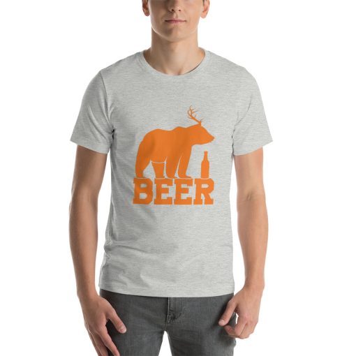 Unisex t-shirt that says "beer" on it. There's also a picture of a bear with antlers.