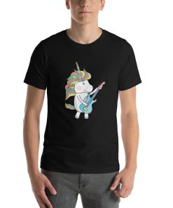 Unisex t-shirt with a picture of a unicorn playing a guitar printed on it.