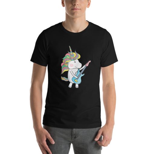 Unisex t-shirt with a picture of a unicorn playing a guitar printed on it.