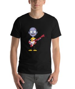 Unisex t-shirt with a picture of a zombie with a guitar printed on it.