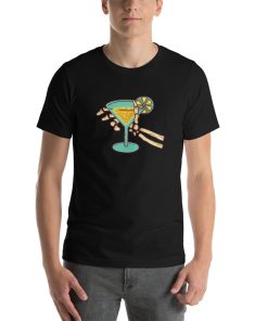 Unisex t-shirt with a picture of a skeleton's hand holding a cocktail.