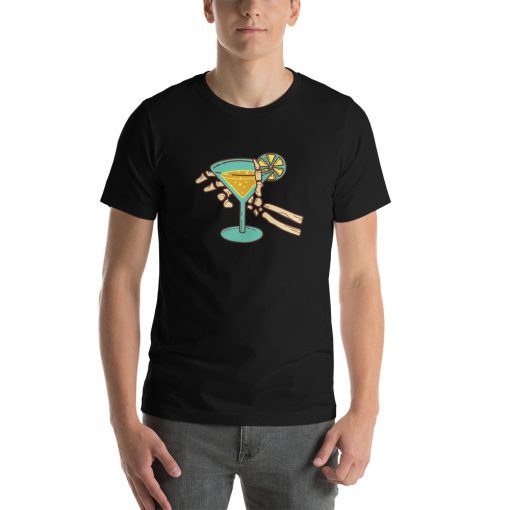 Unisex t-shirt with a picture of a skeleton's hand holding a cocktail.