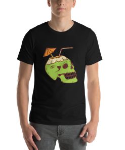 Unisex t-shirt with a picture of a tiki style cocktail served out of a green skull.